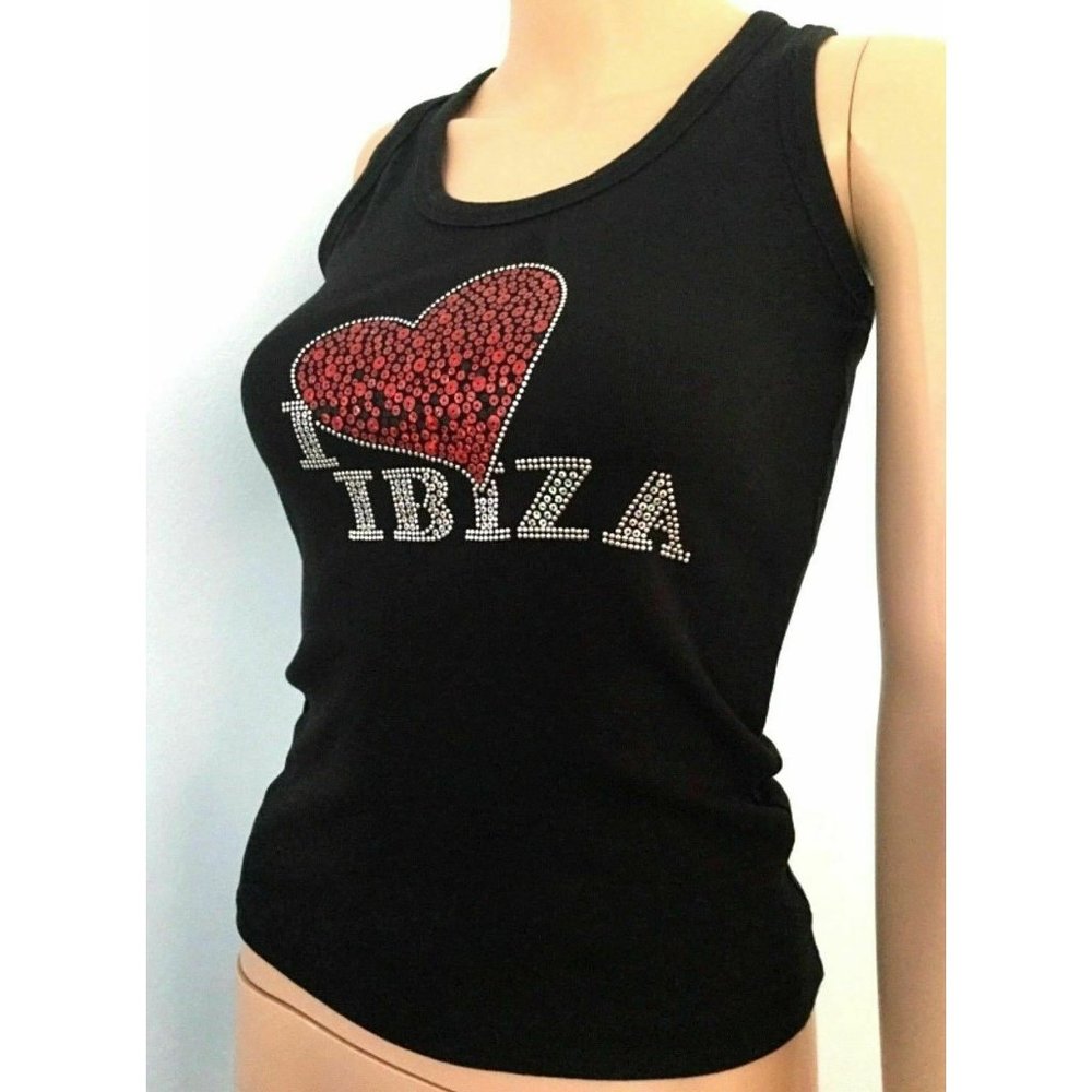 Womens I Love Ibiza Impulse Wear I.W. Black Racerback Tank Top Sequin Beaded S